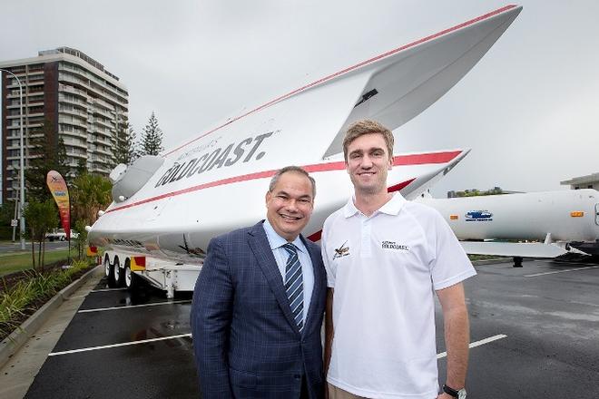 City of Gold Coast Mayor Tom Tate with XCAT pilot Tom Barry-Cotter, who will be racing his brand new boat in the Gold Coast GP in August - 2015 UIM XCAT World Series © Karien Jonckheere